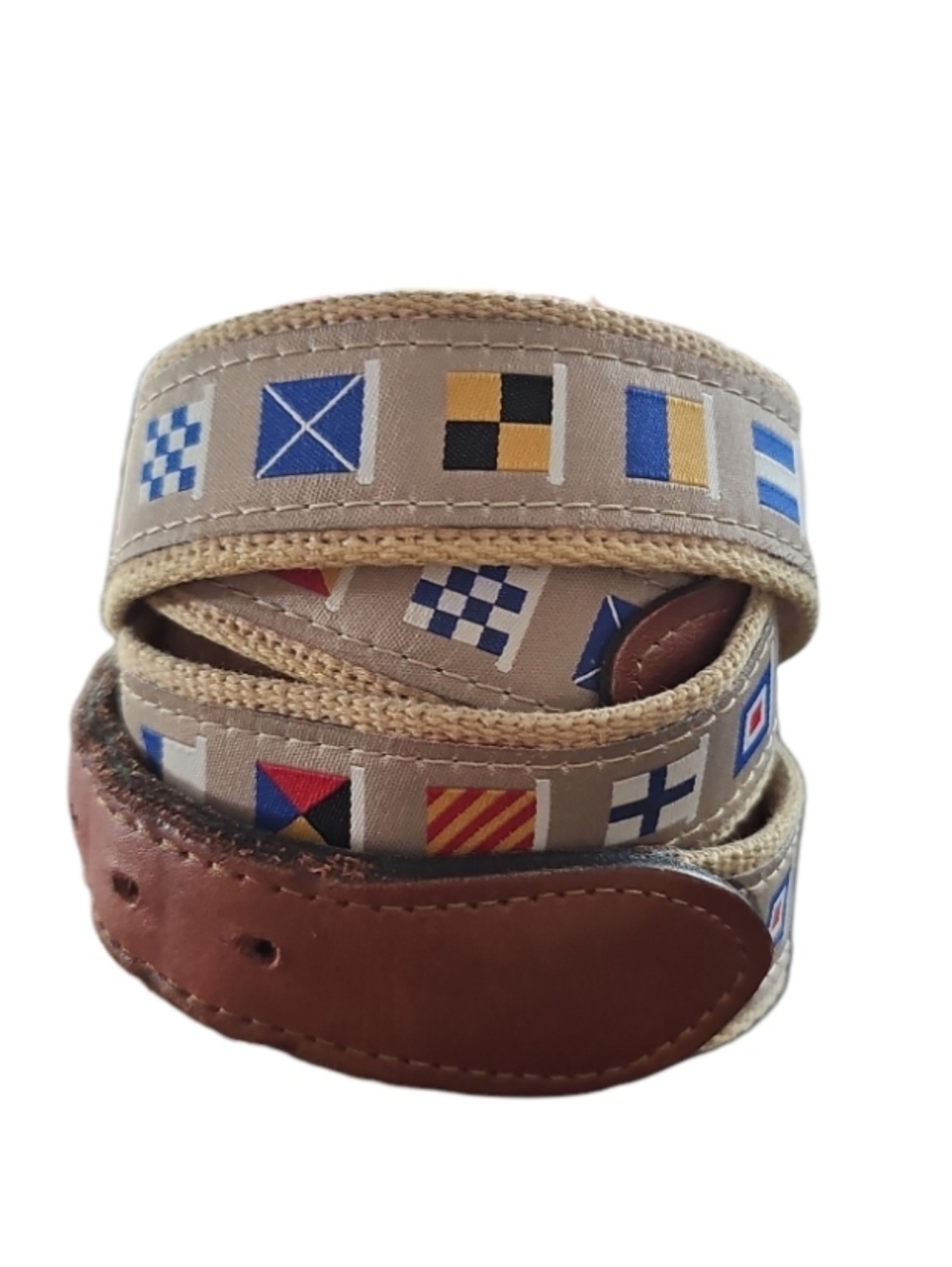 Nautical Signal Flag Canvas Leather Belt Mens 38 USA Made Brass Buckle Preppy